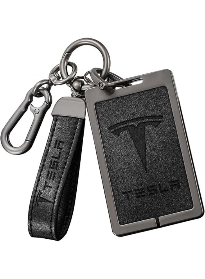 حامل بطاقة مفاتيح تسلا مع سلسلة مفاتيح جلدية لطراز 3 و Y - واقٍ من السيليكون بنمط شعار السلسلة، اكسسوارات سيارة، أسود، حجم واحد - Image 1